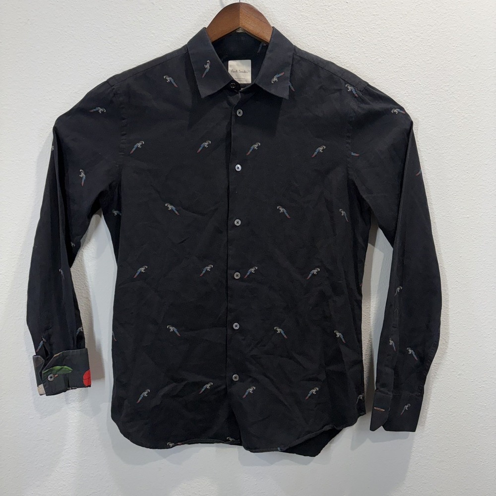 Paul Smith Black Parrot Print Feather Cuff Long Sleeve Button Shirt Mens Small